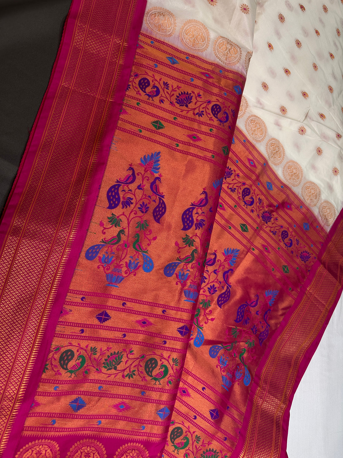 Semi Gadwal Silk Paithani White Pink Saree - SR001106