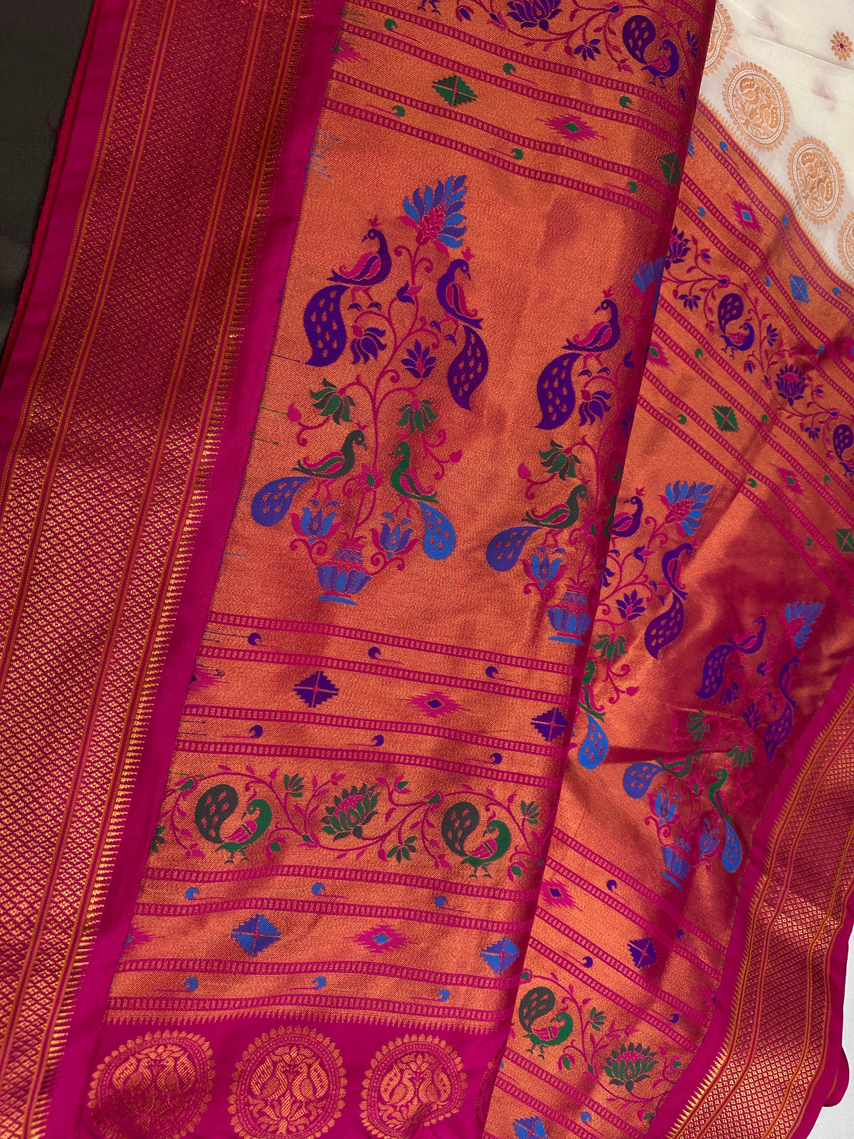 Semi Gadwal Silk Paithani White Pink Saree - SR001106