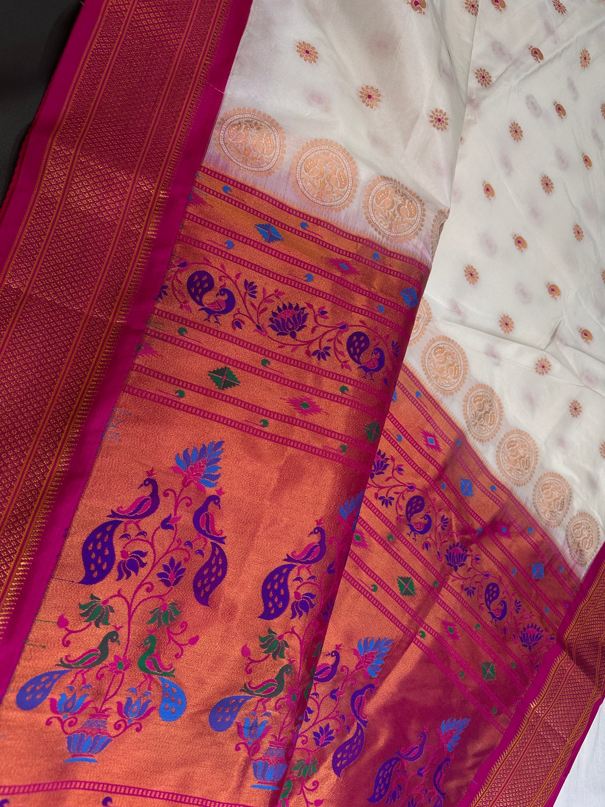 Semi Gadwal Silk Paithani White Pink Saree - SR001106