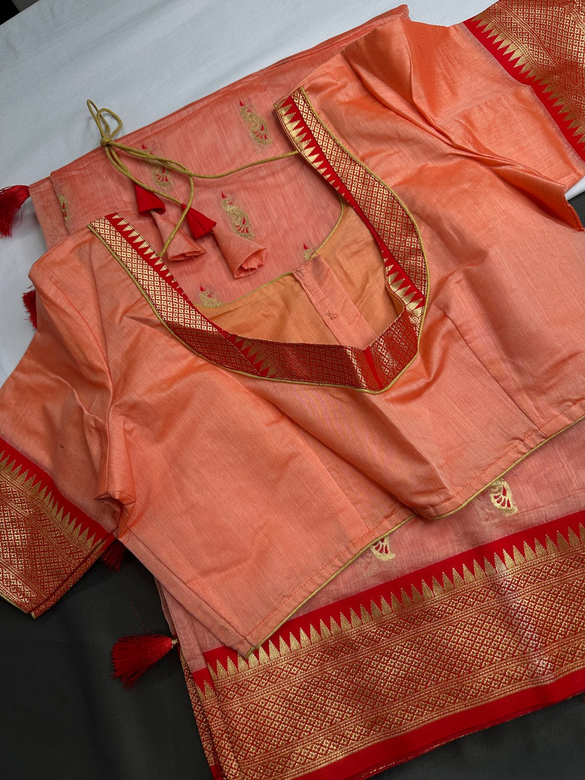 Semi Gadwal Silk Paithani Peach Red Chanderi Saree - SR001107