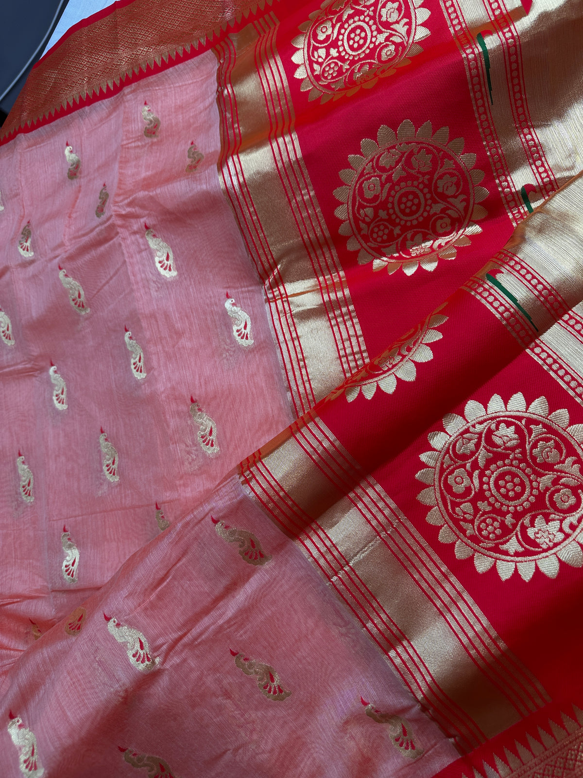 Semi Gadwal Silk Paithani Peach Red Chanderi Saree - SR001107