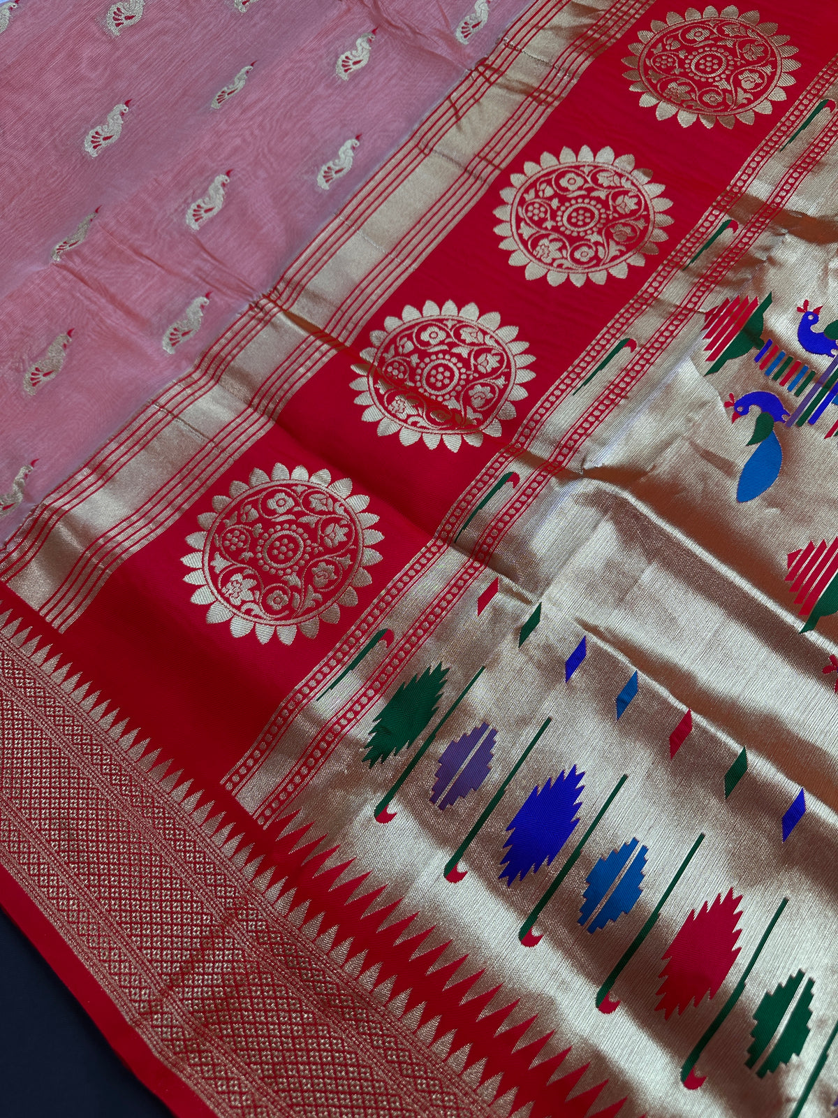 Semi Gadwal Silk Paithani Peach Red Chanderi Saree - SR001107