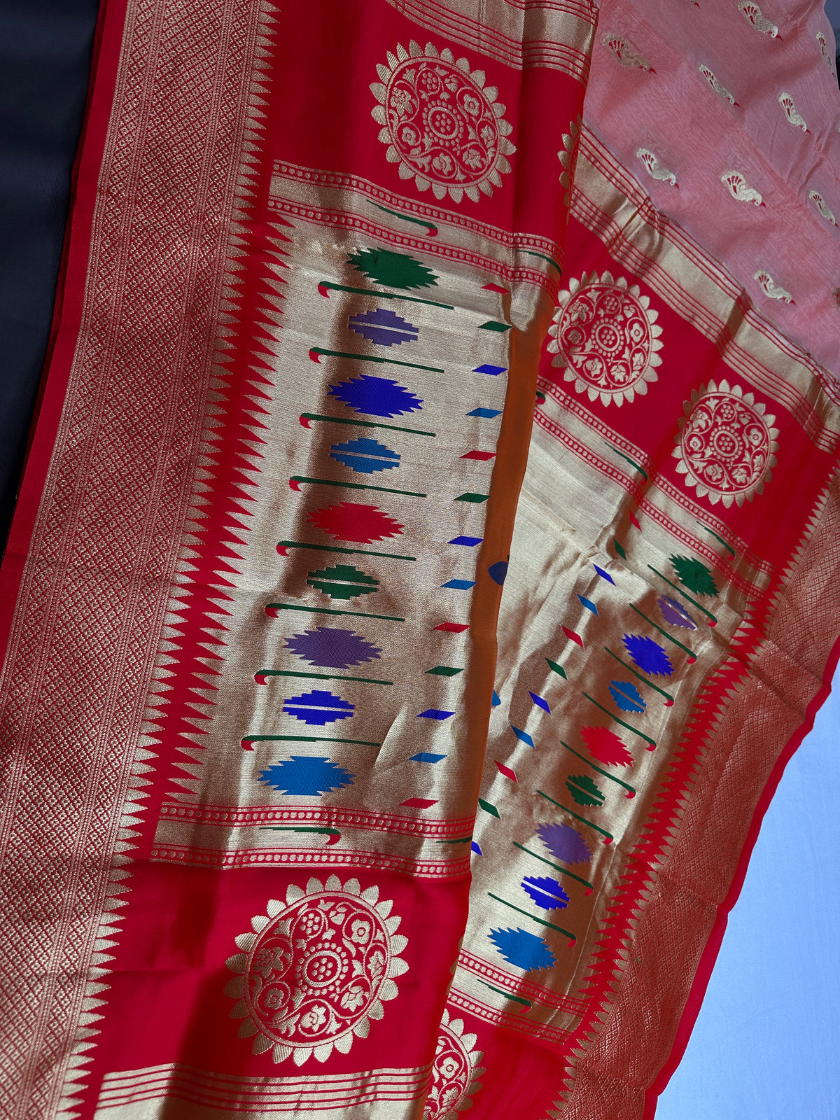 Semi Gadwal Silk Paithani Peach Red Chanderi Saree - SR001107