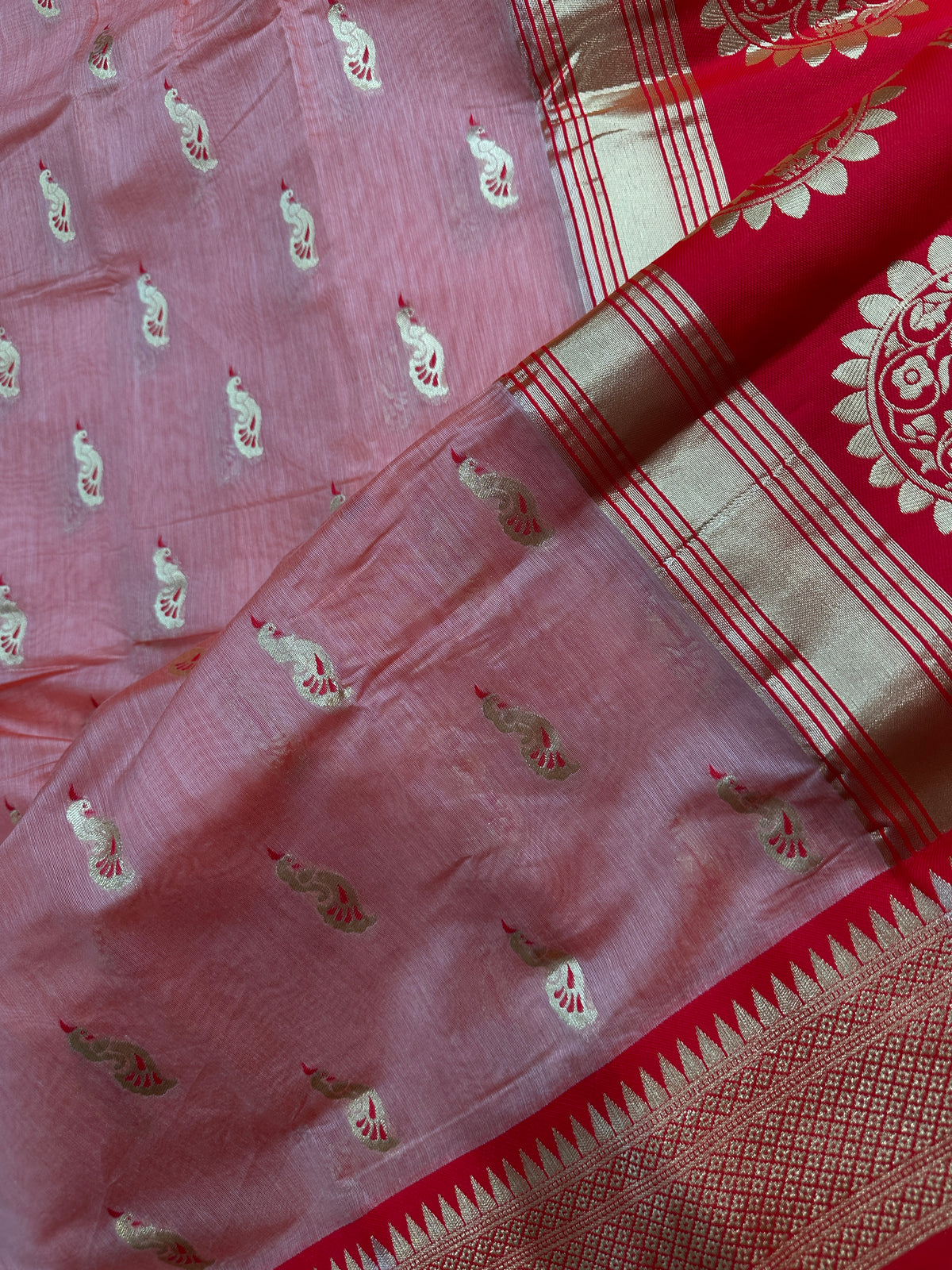 Semi Gadwal Silk Paithani Peach Red Chanderi Saree - SR001107