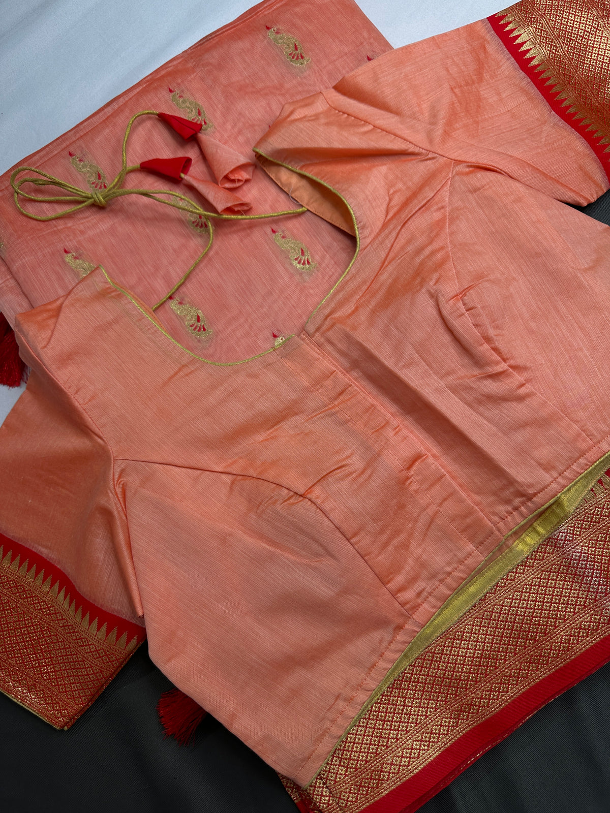 Semi Gadwal Silk Paithani Peach Red Chanderi Saree - SR001107