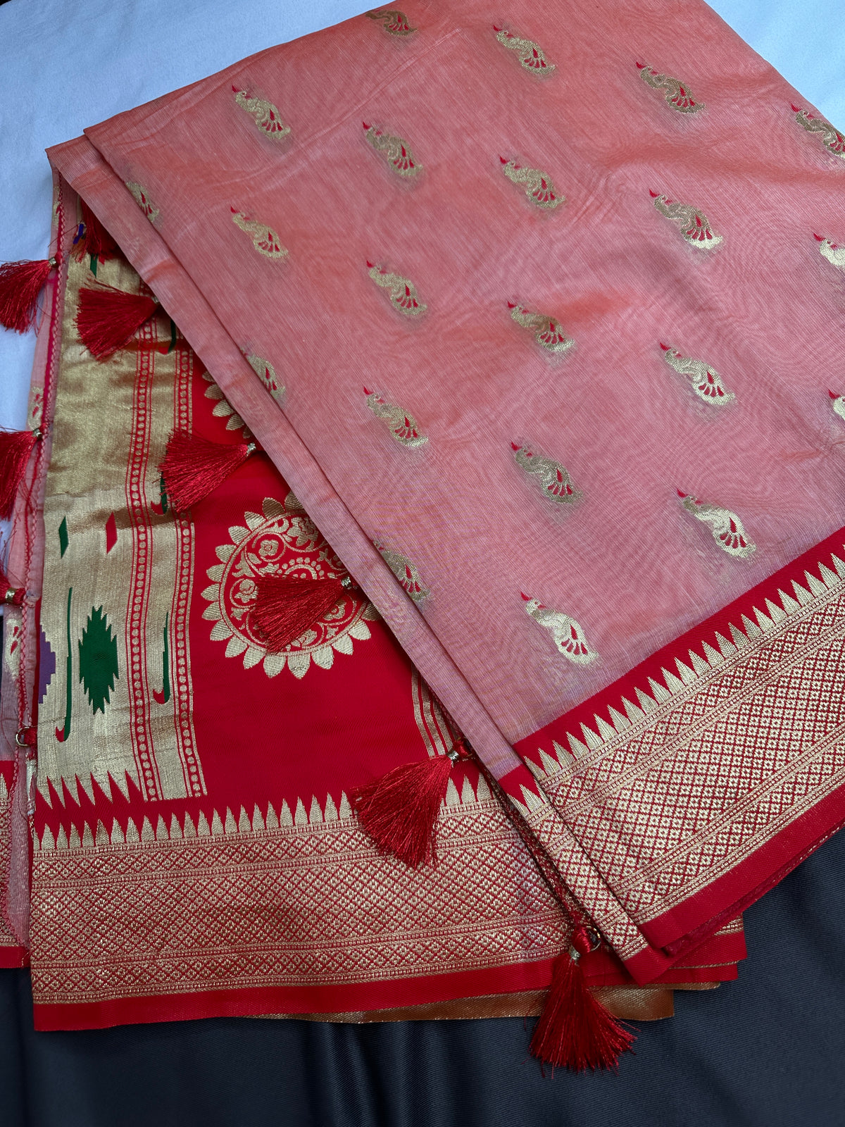 Semi Gadwal Silk Paithani Peach Red Chanderi Saree - SR001107