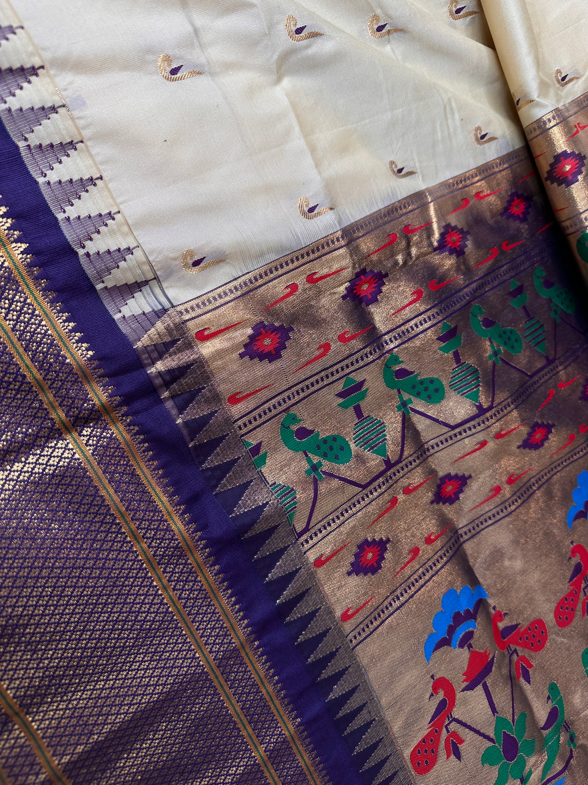 Semi Gadwal Silk Paithani Cream Purple Saree - SR001108