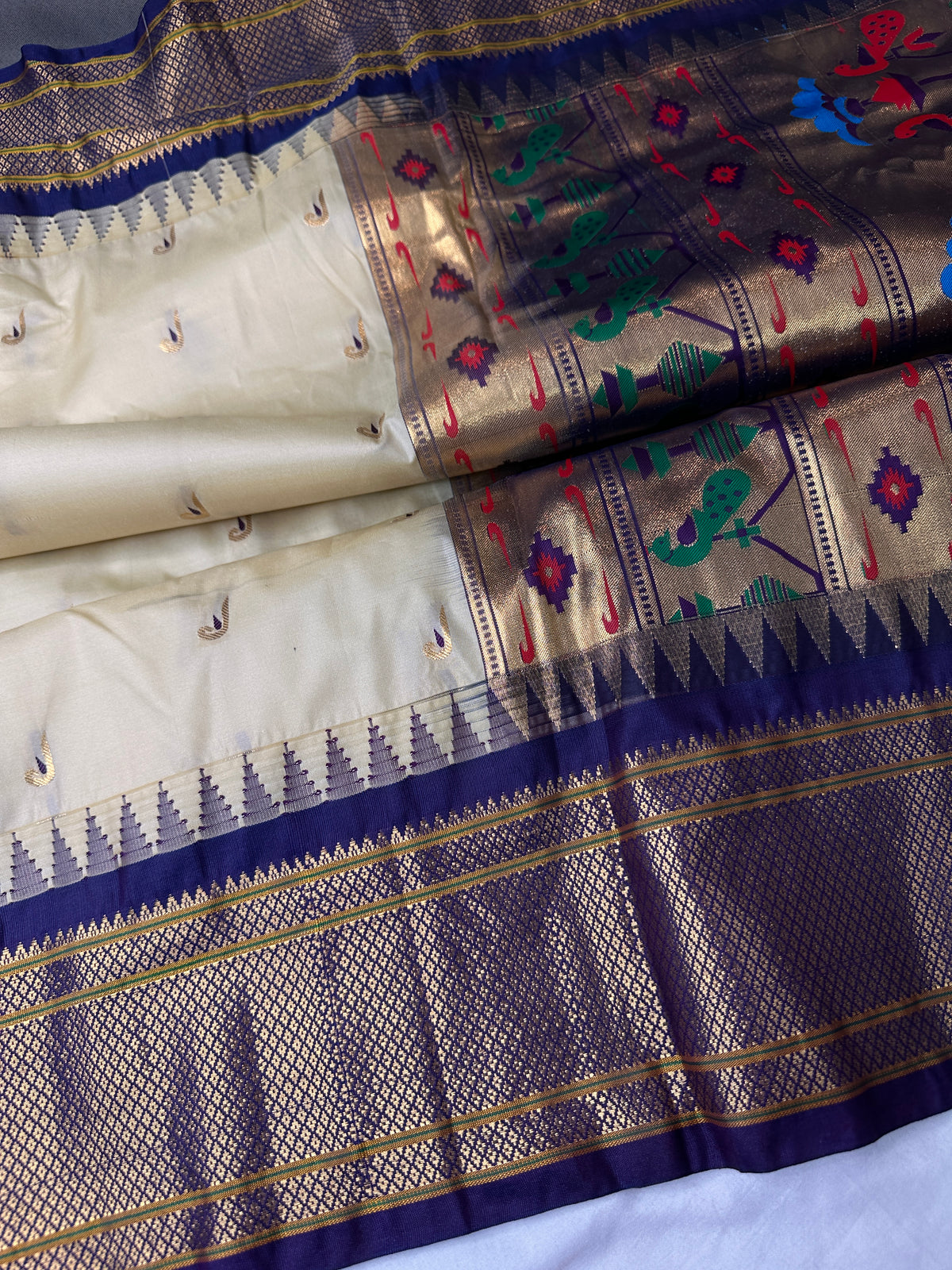 Semi Gadwal Silk Paithani Cream Purple Saree - SR001108