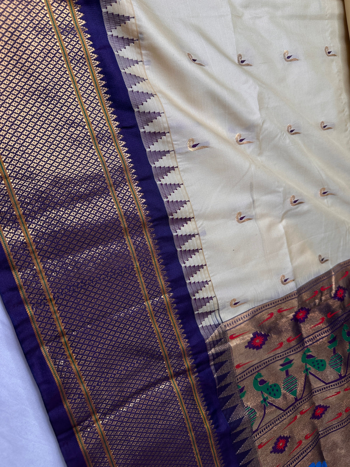 Semi Gadwal Silk Paithani Cream Purple Saree - SR001108