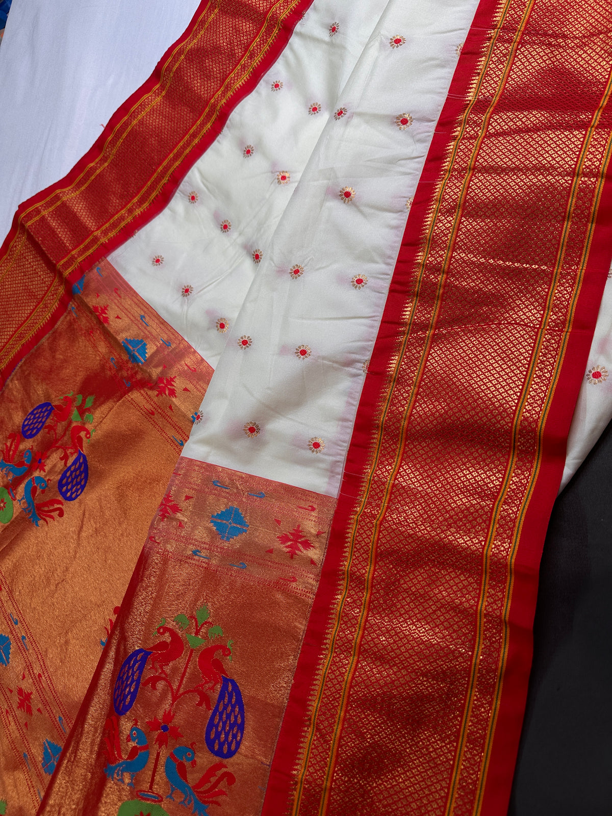 Semi Gadwal Silk Paithani Off White Red Saree - SR001109