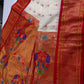 Semi Gadwal Silk Paithani Off White Red Saree - SR001109