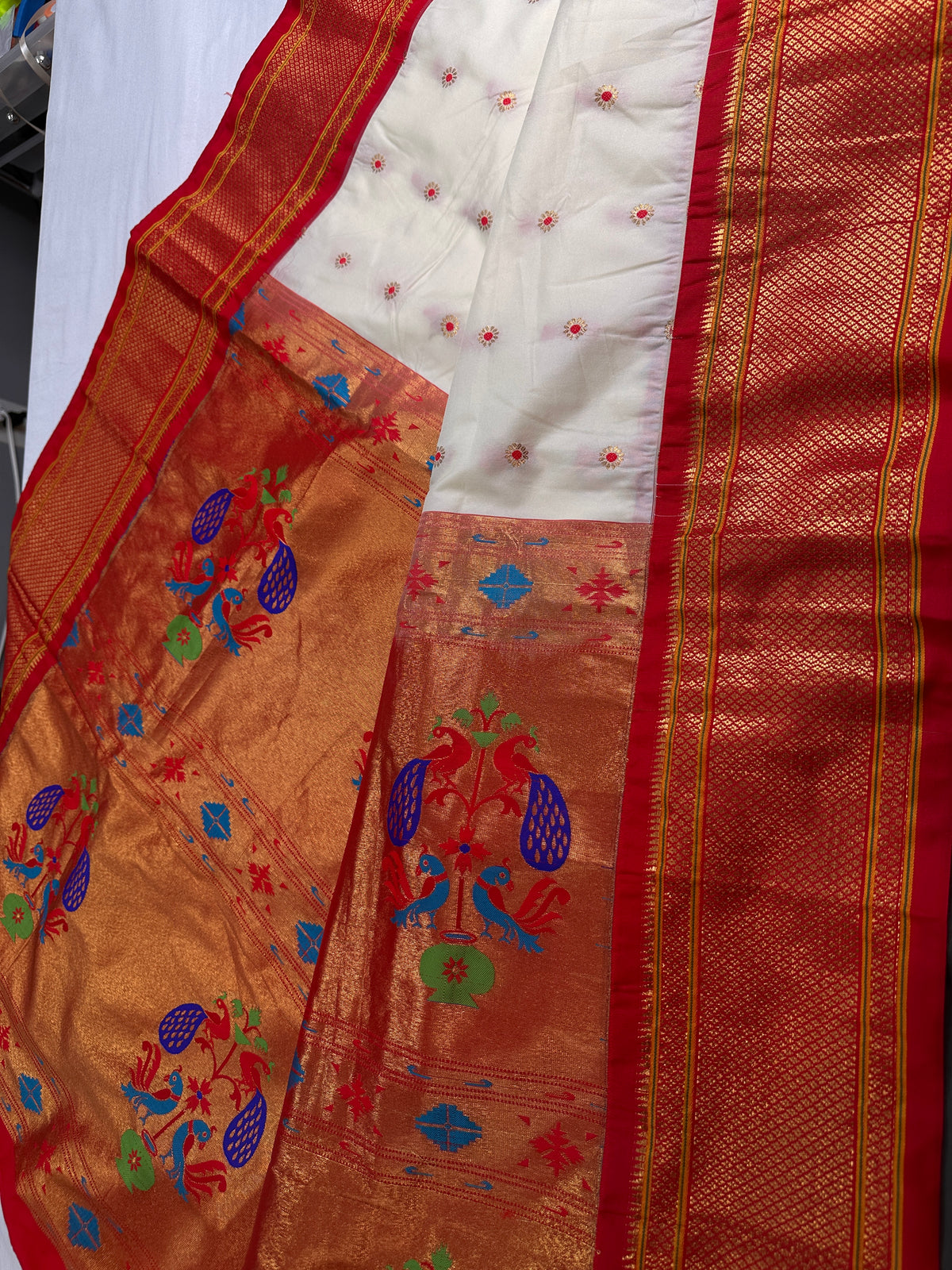 Semi Gadwal Silk Paithani Off White Red Saree - SR001109