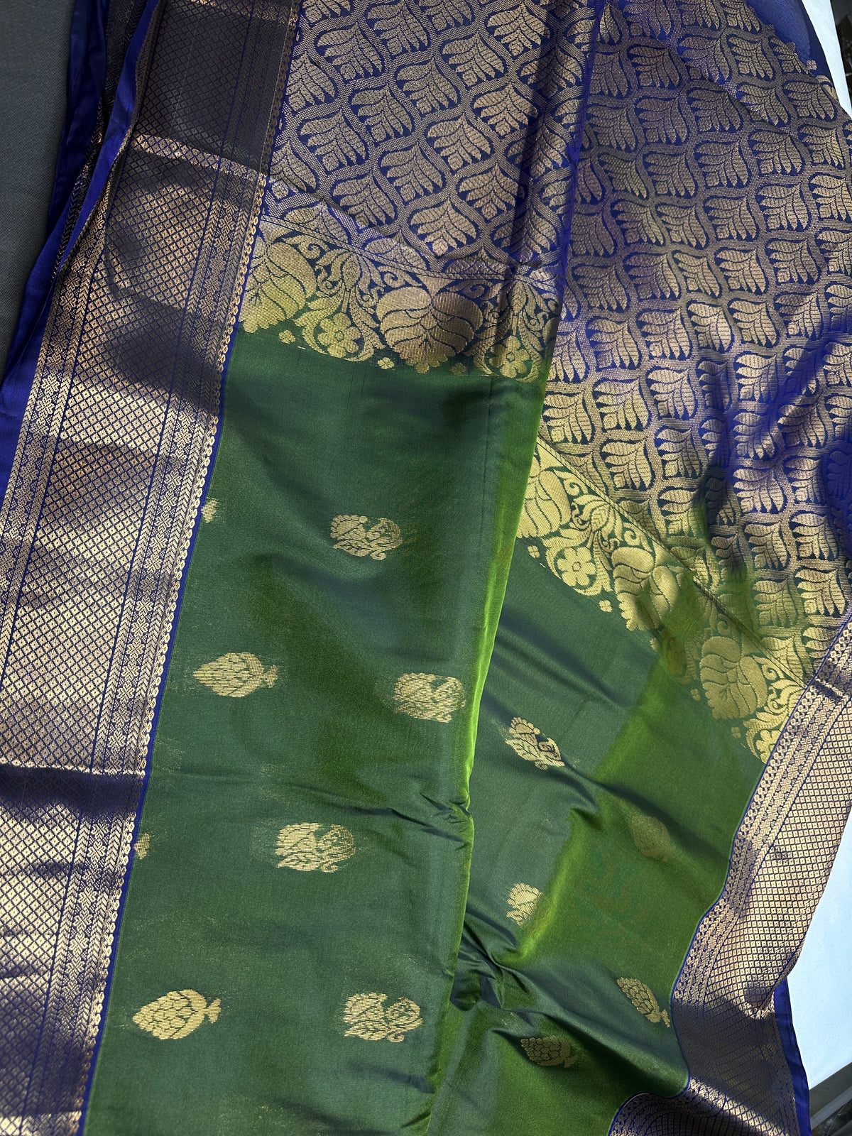 Dharmavaram Pattu Green Blue Semi Silk Saree - SR001111