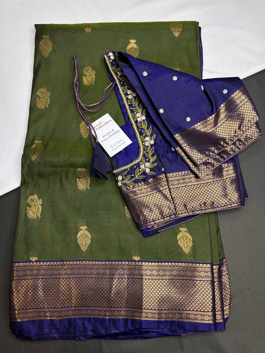 Dharmavaram Pattu Green Blue Semi Silk Saree - SR001111