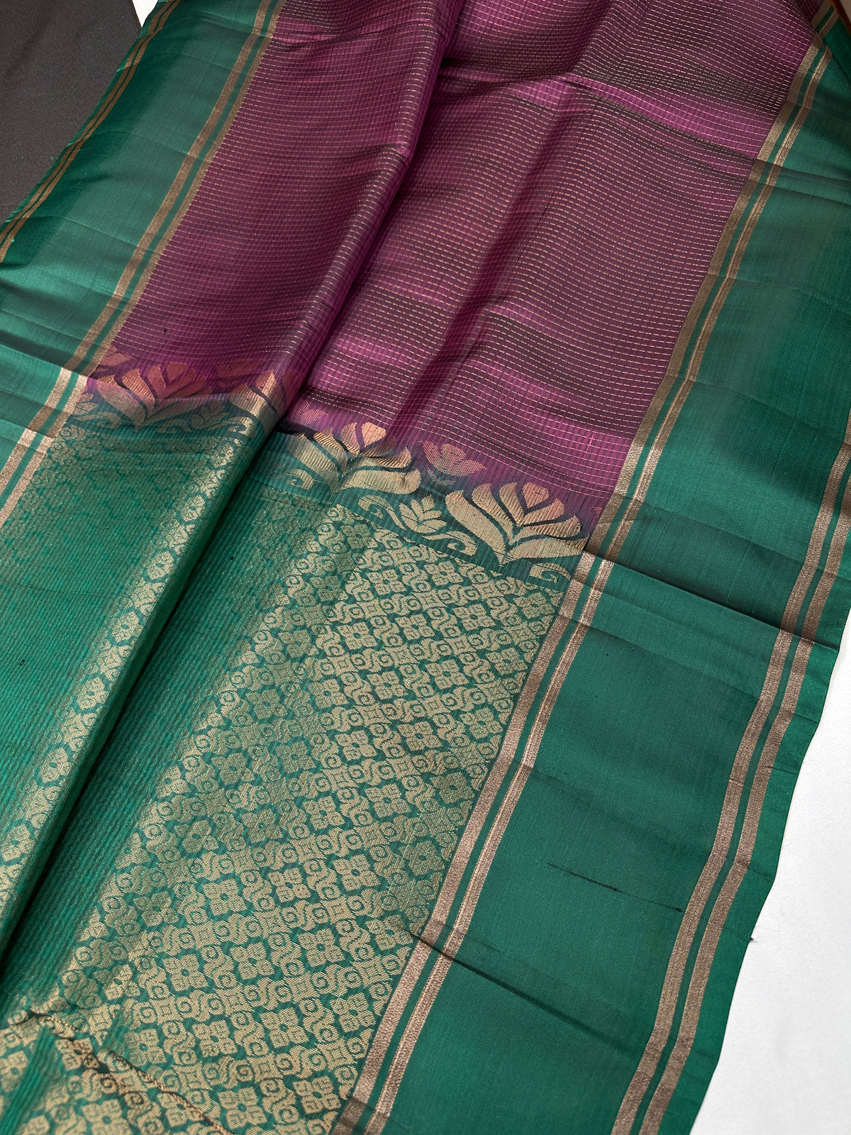 Handloom Pure Silk Mark Certified Purple Checked Saree - SR001112