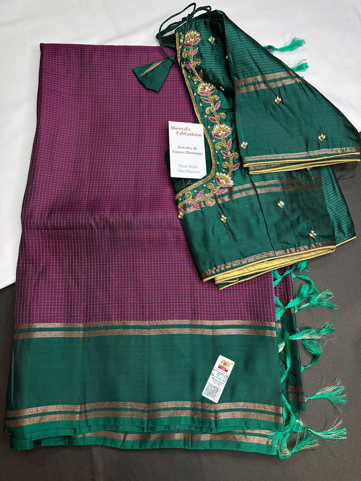 Handloom Pure Silk Mark Certified Purple Checked Saree - SR001112