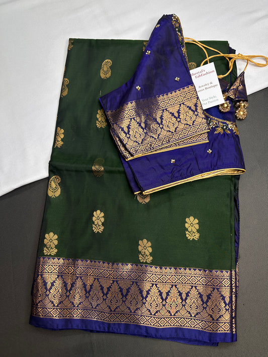 Dharmavaram Pattu Green Blue Semi Silk Saree - SR001116