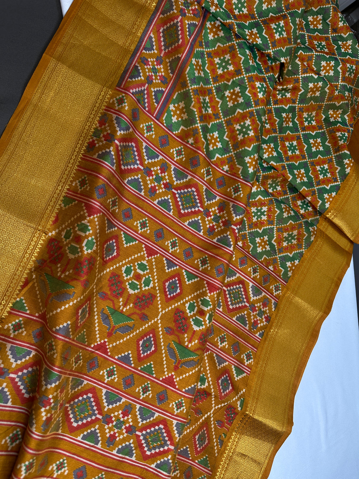 Mustard Green Patola Ikkat Lightweight Silk Saree - SR001118