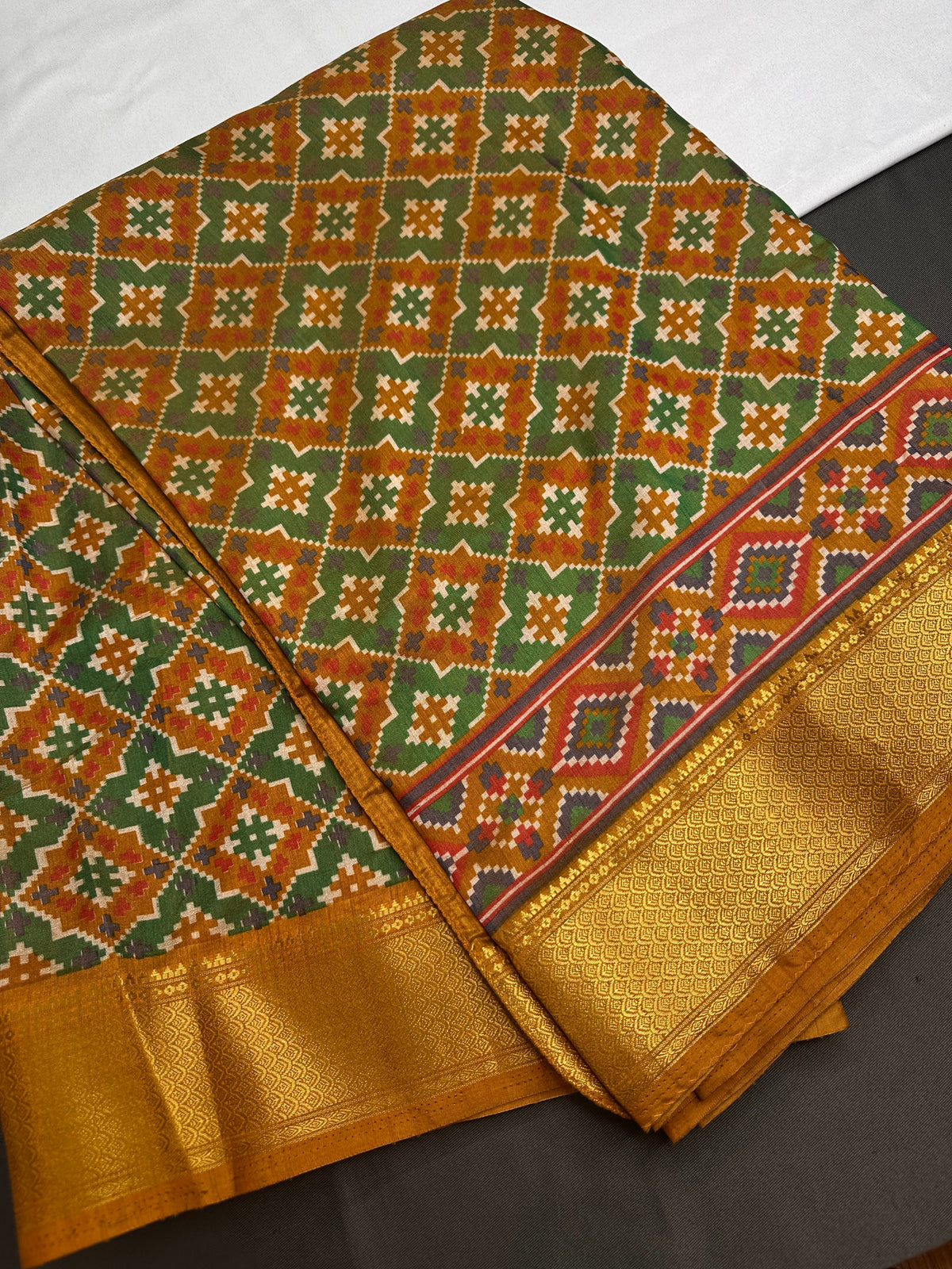 Mustard Green Patola Ikkat Lightweight Silk Saree - SR001118