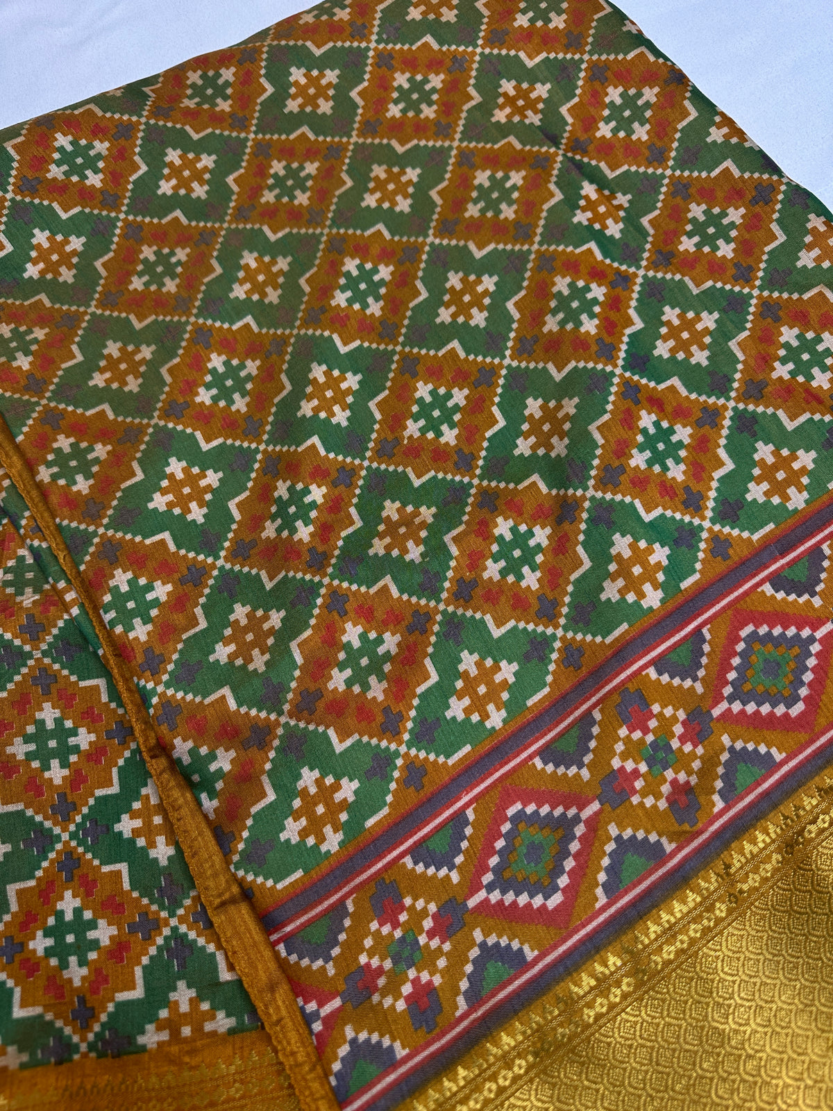 Mustard Green Patola Ikkat Lightweight Silk Saree - SR001118