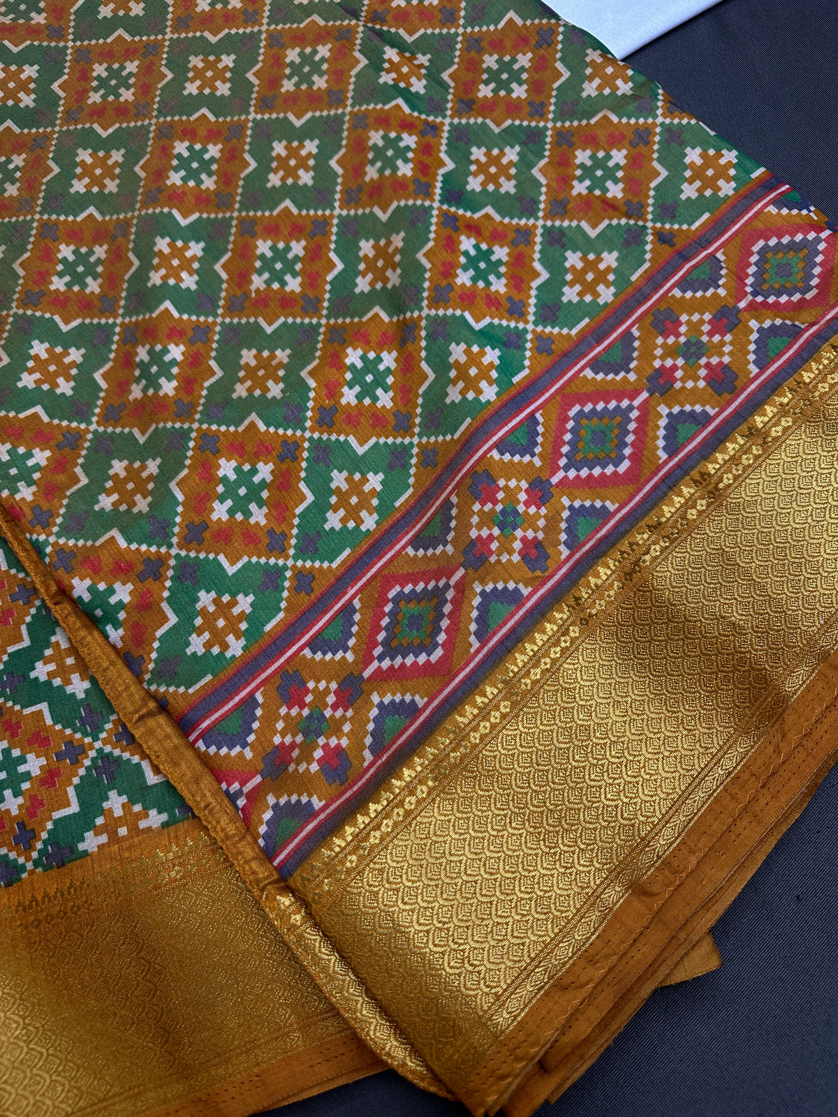 Mustard Green Patola Ikkat Lightweight Silk Saree - SR001118
