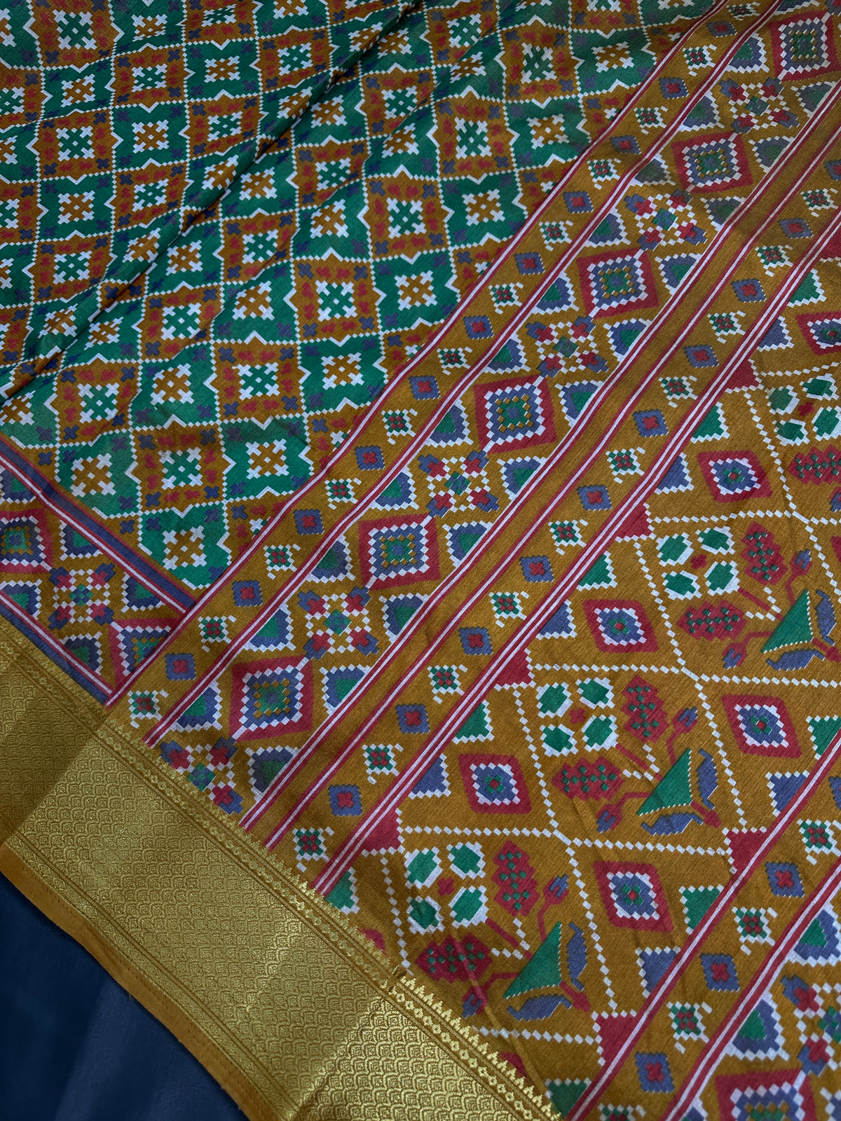 Mustard Green Patola Ikkat Lightweight Silk Saree - SR001118