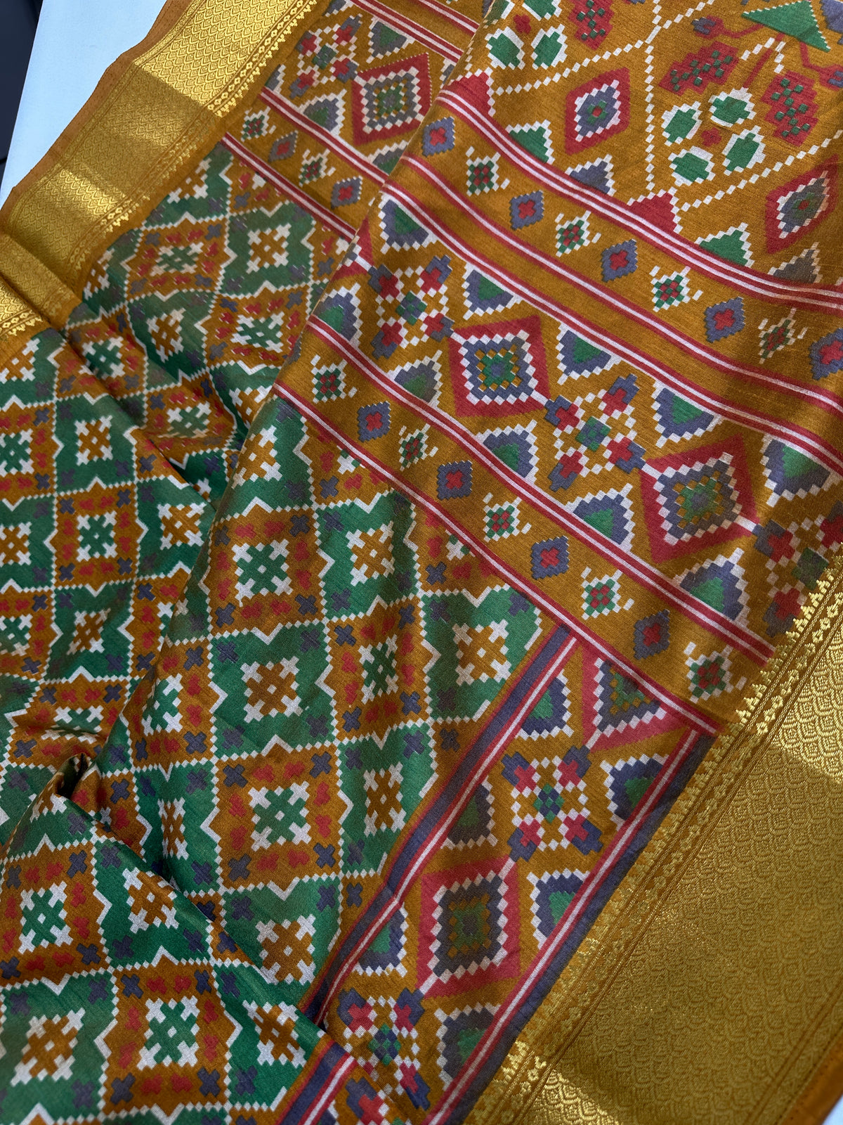 Mustard Green Patola Ikkat Lightweight Silk Saree - SR001118