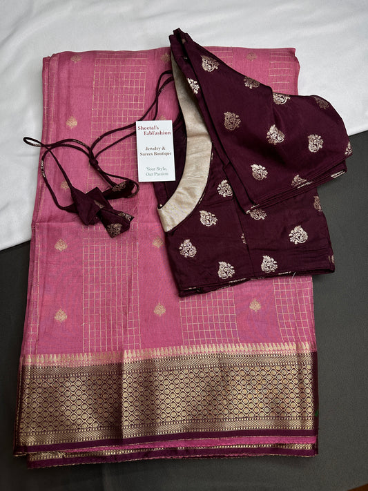 Pink Checks Butta Zari Weaving Raw Mango Saree | SR001120
