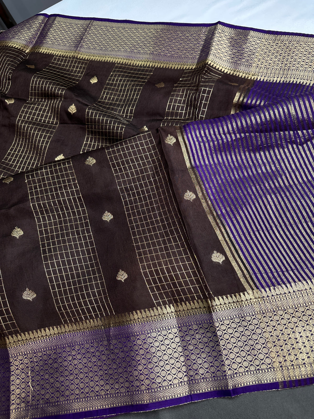 Brown Checks Butta Purple Zari Weaving Raw Mango Saree | SR001121