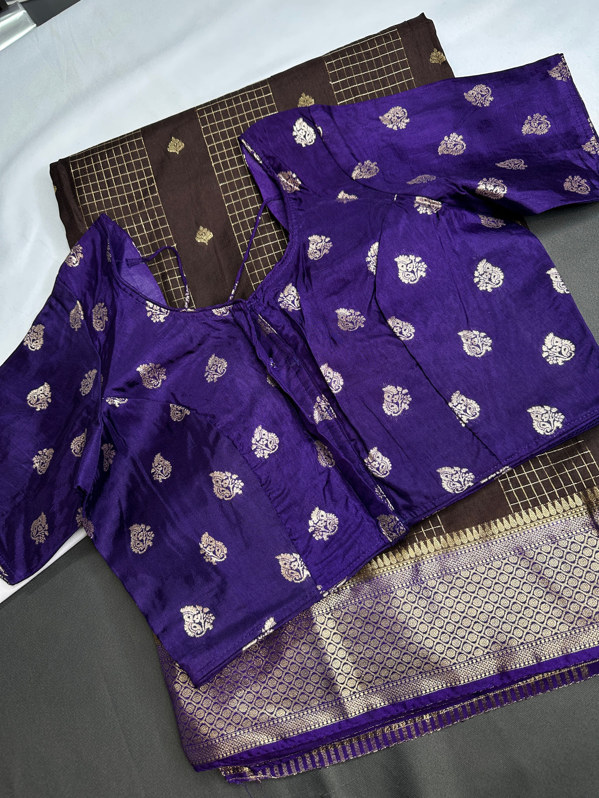 Brown Checks Butta Purple Zari Weaving Raw Mango Saree | SR001121