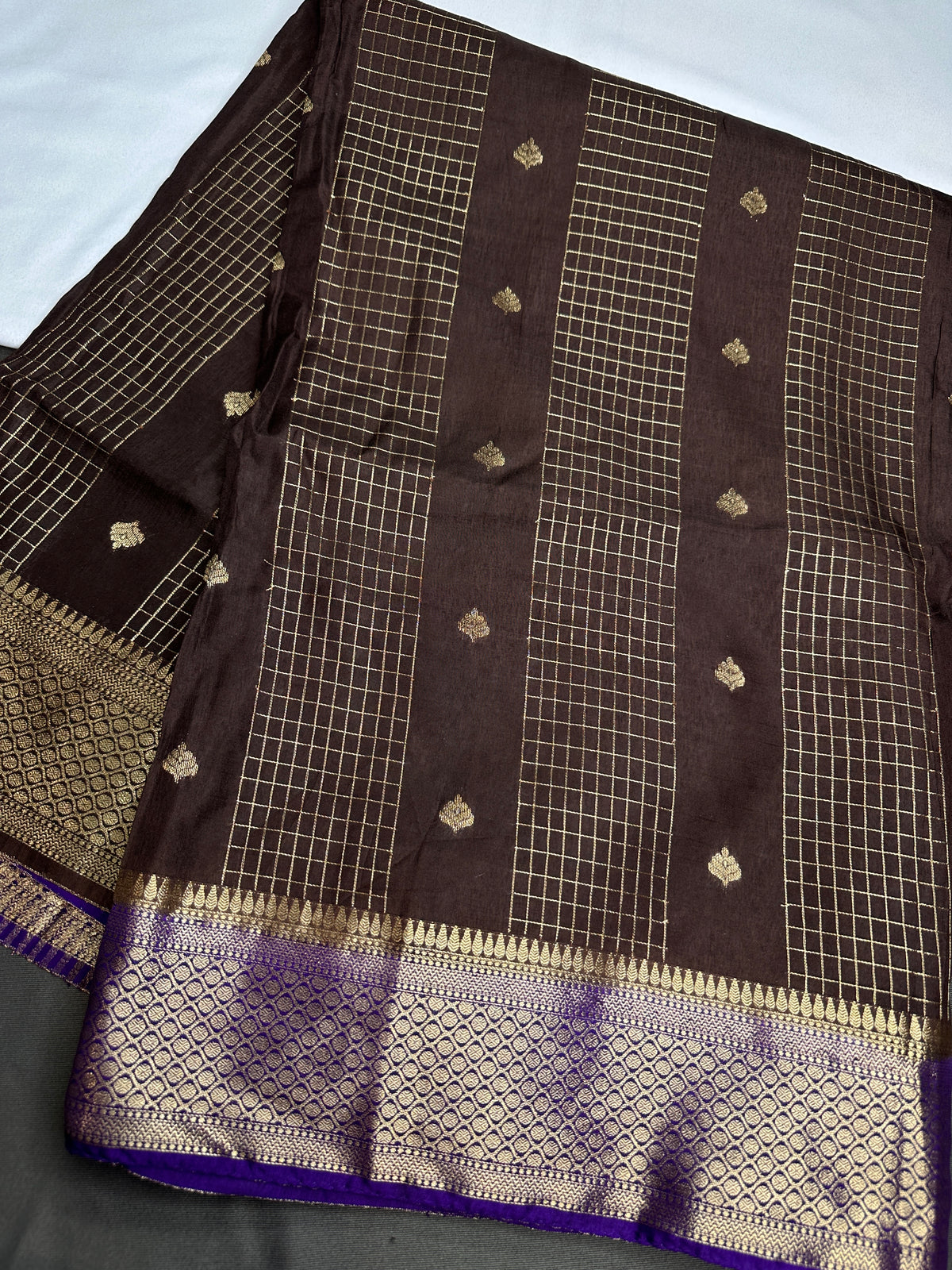 Brown Checks Butta Purple Zari Weaving Raw Mango Saree | SR001121
