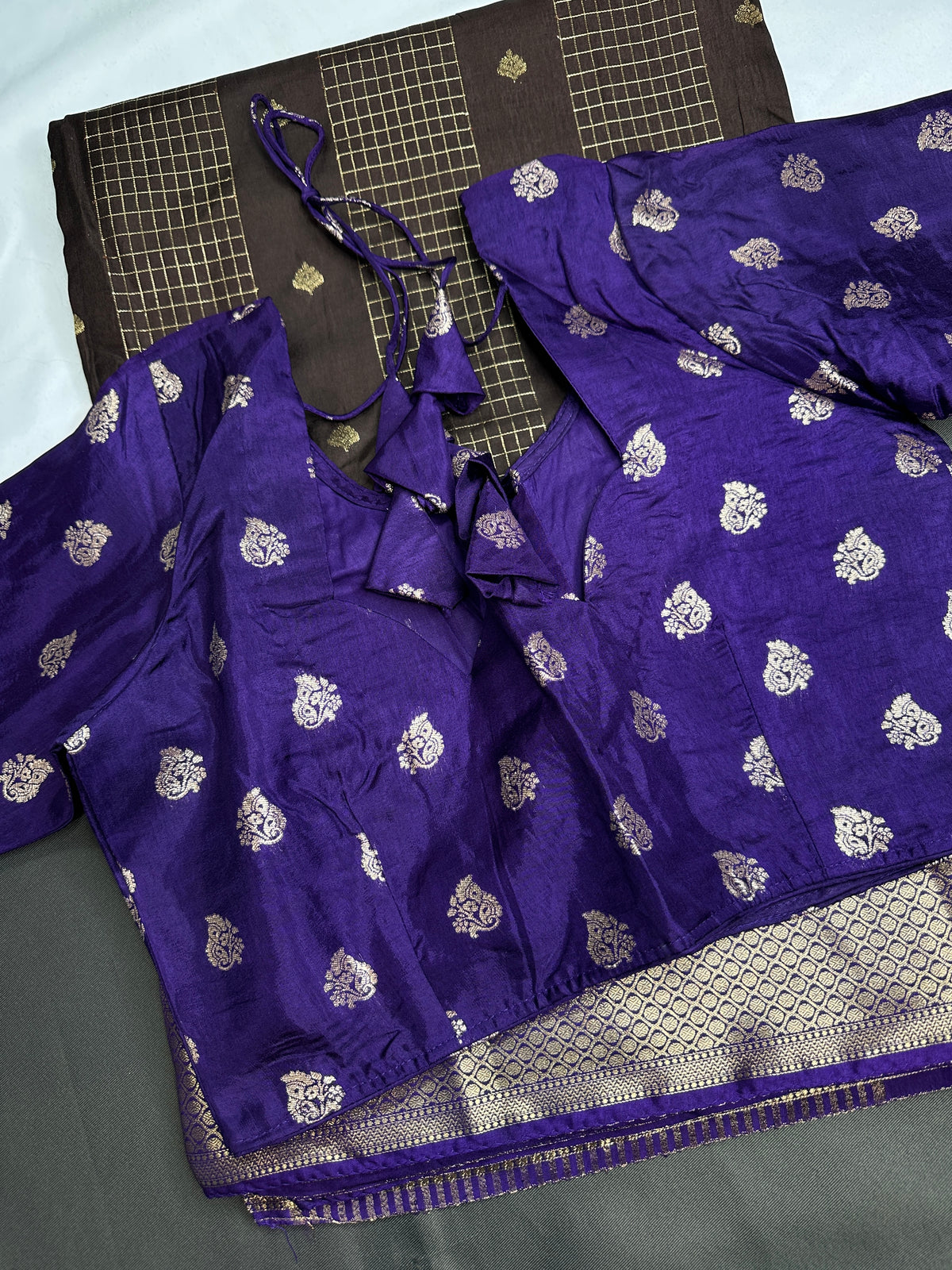 Brown Checks Butta Purple Zari Weaving Raw Mango Saree | SR001121