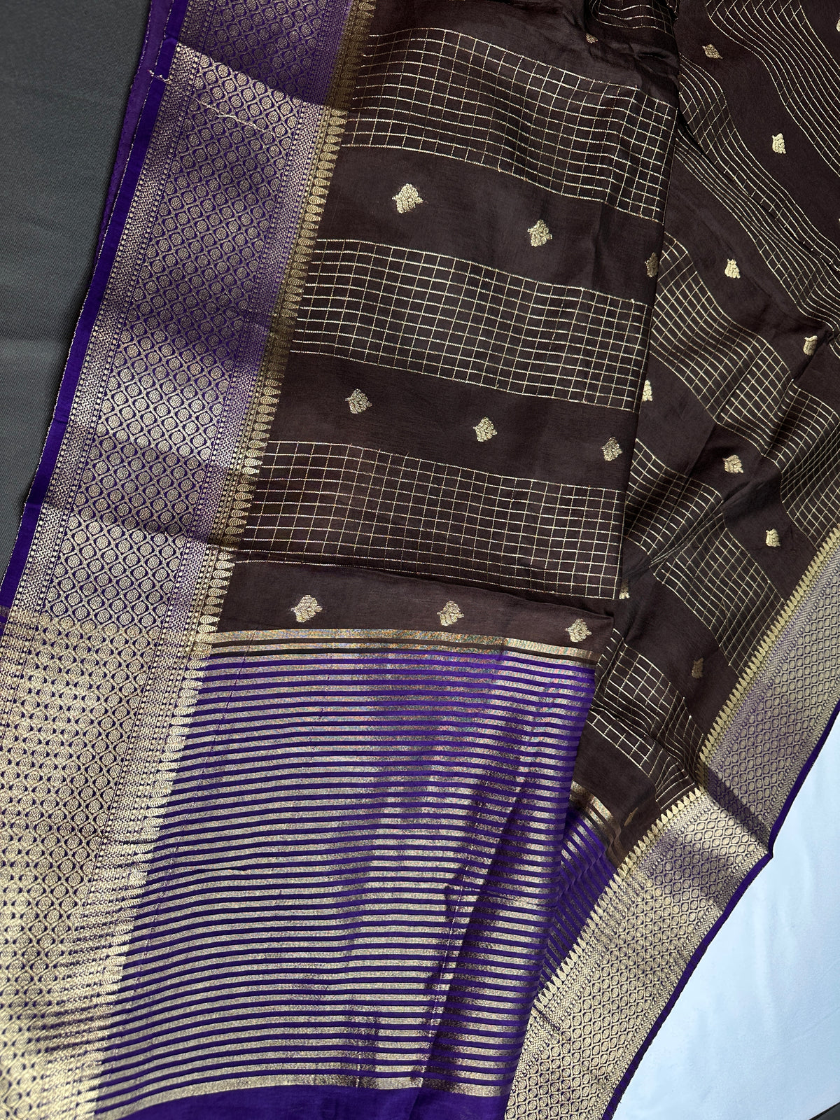 Brown Checks Butta Purple Zari Weaving Raw Mango Saree | SR001121