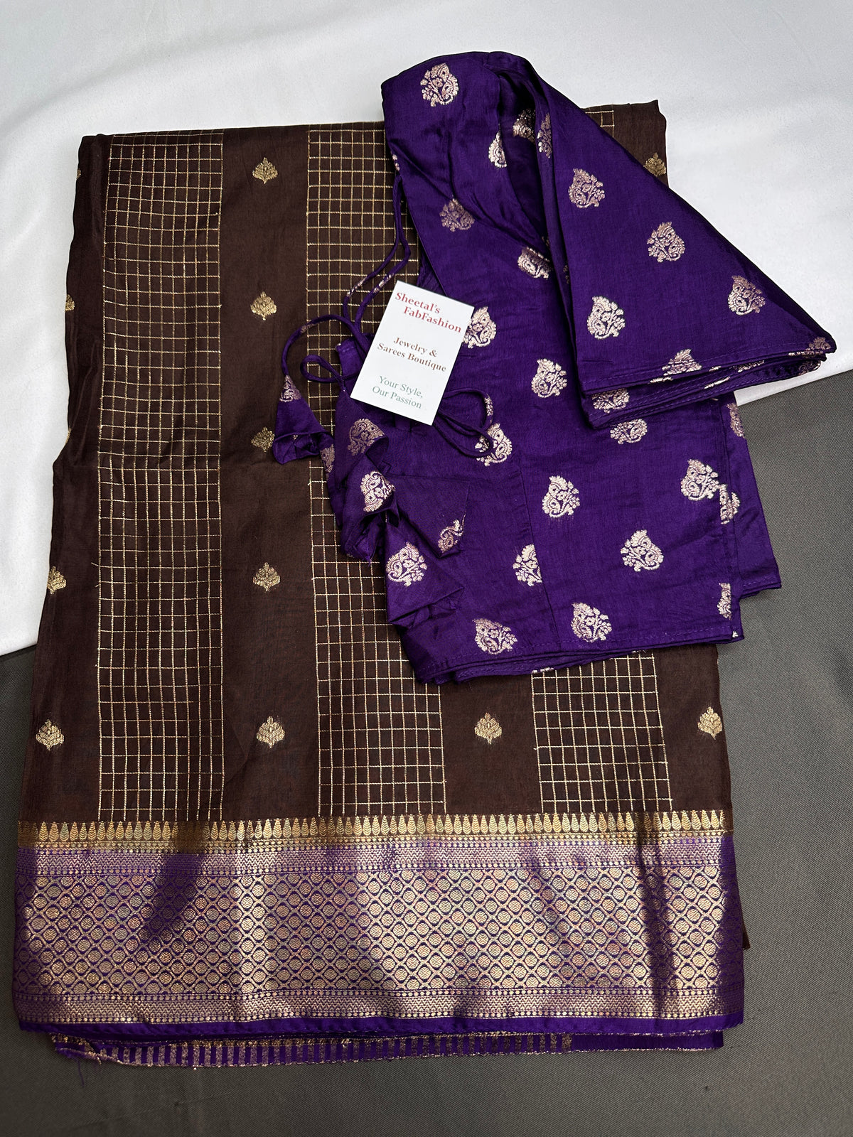 Brown Checks Butta Purple Zari Weaving Raw Mango Saree | SR001121