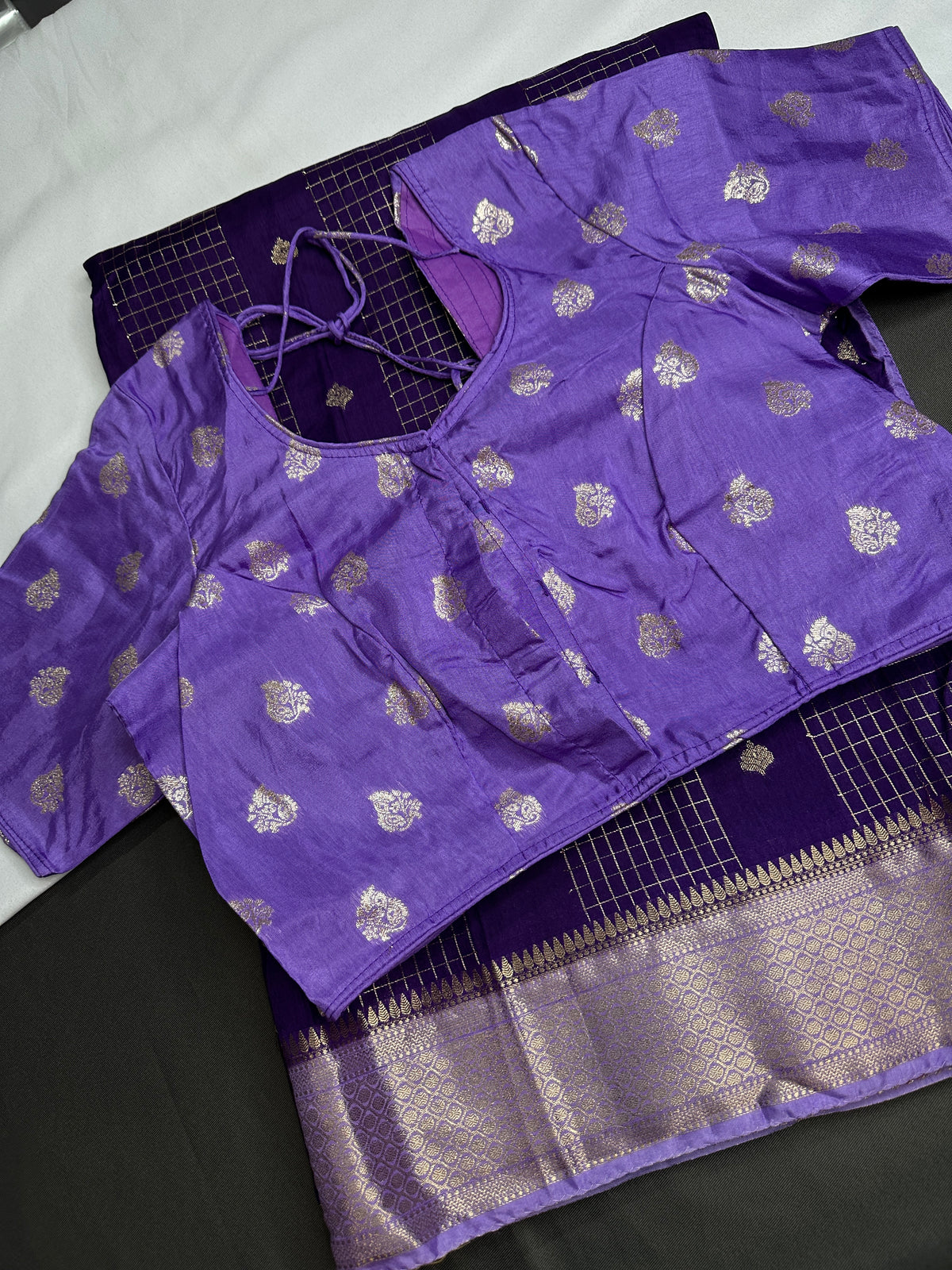 Purple Checks Butta Zari Weaving Raw Mango Saree | SR001122