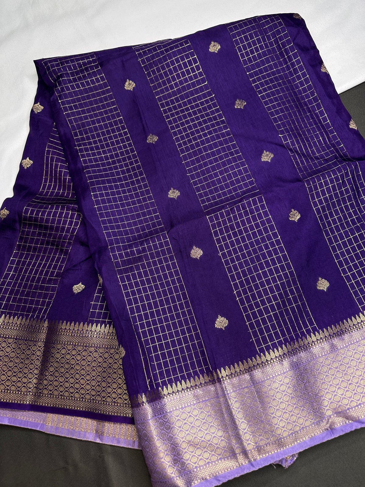 Purple Checks Butta Zari Weaving Raw Mango Saree | SR001122