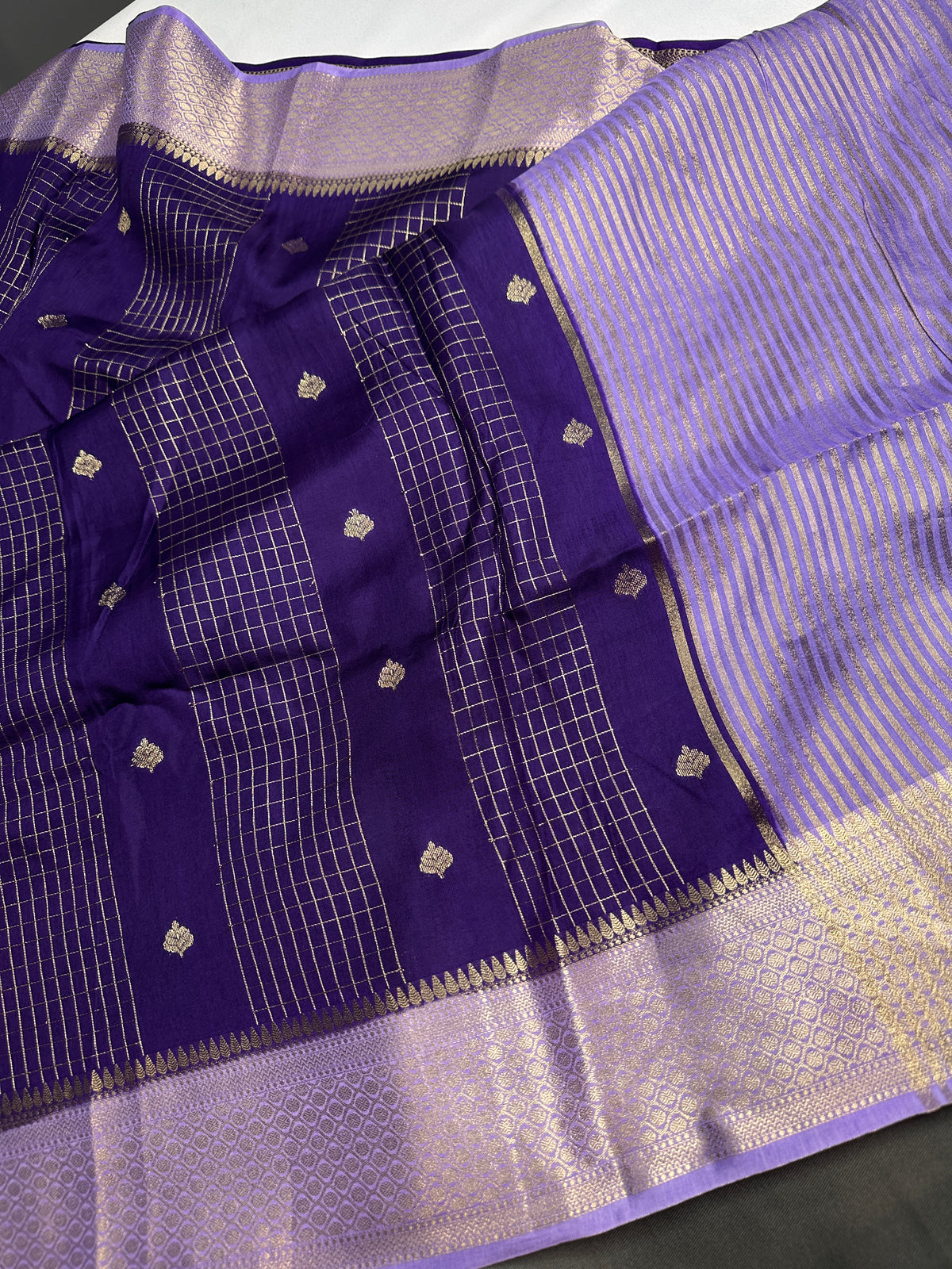 Purple Checks Butta Zari Weaving Raw Mango Saree | SR001122