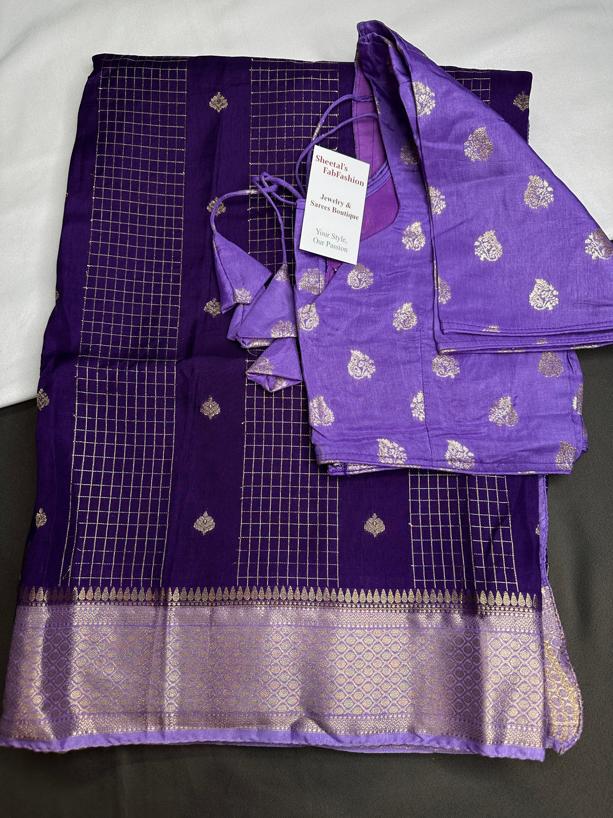 Purple Checks Butta Zari Weaving Raw Mango Saree | SR001122