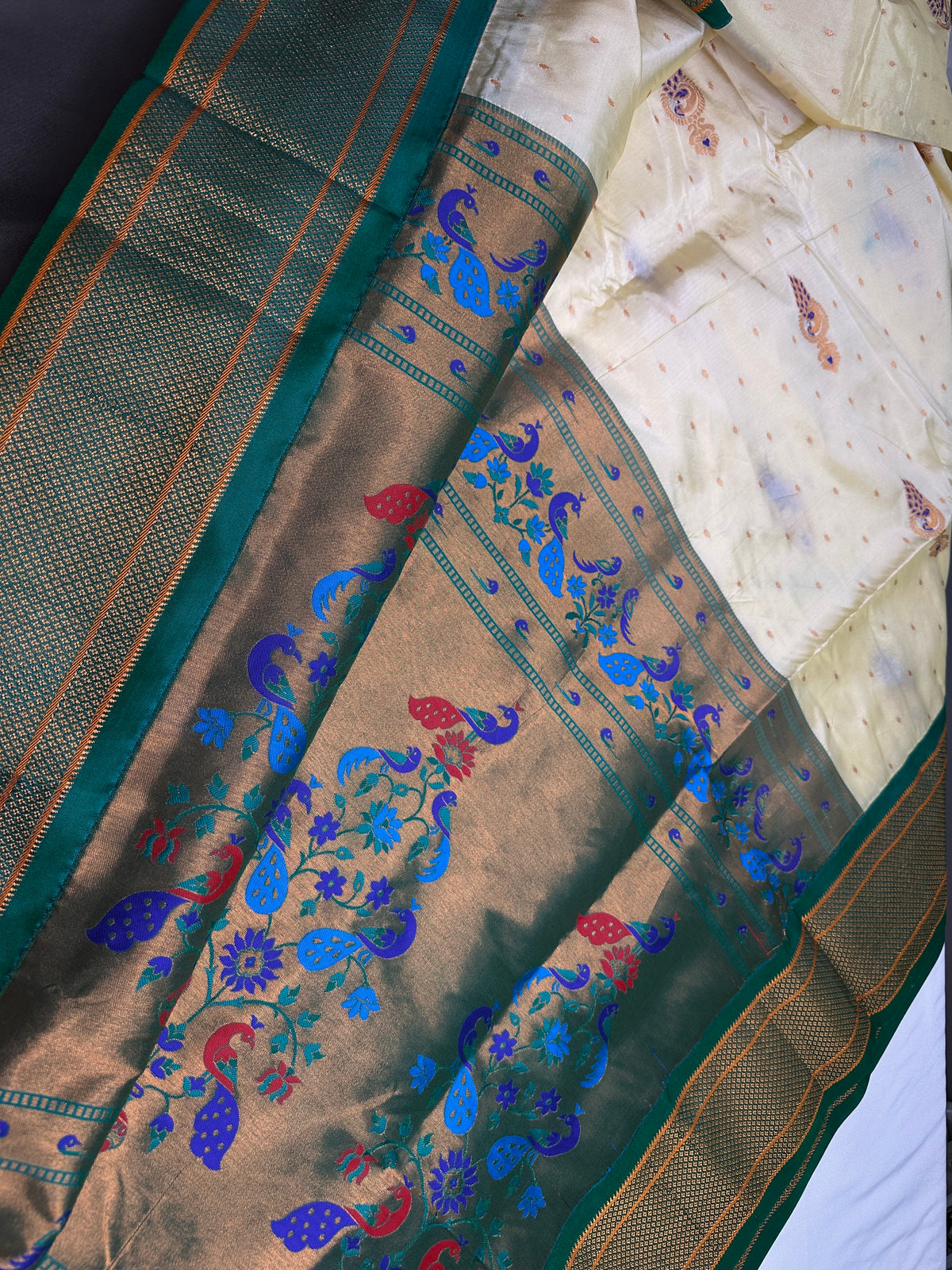 Semi Gadwal Chanderi Silk Paithani Cream Green Saree | SR001125