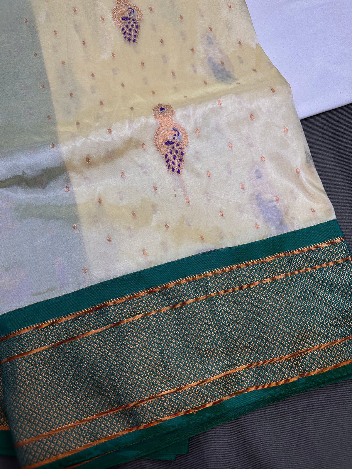Semi Gadwal Chanderi Silk Paithani Cream Green Saree | SR001125