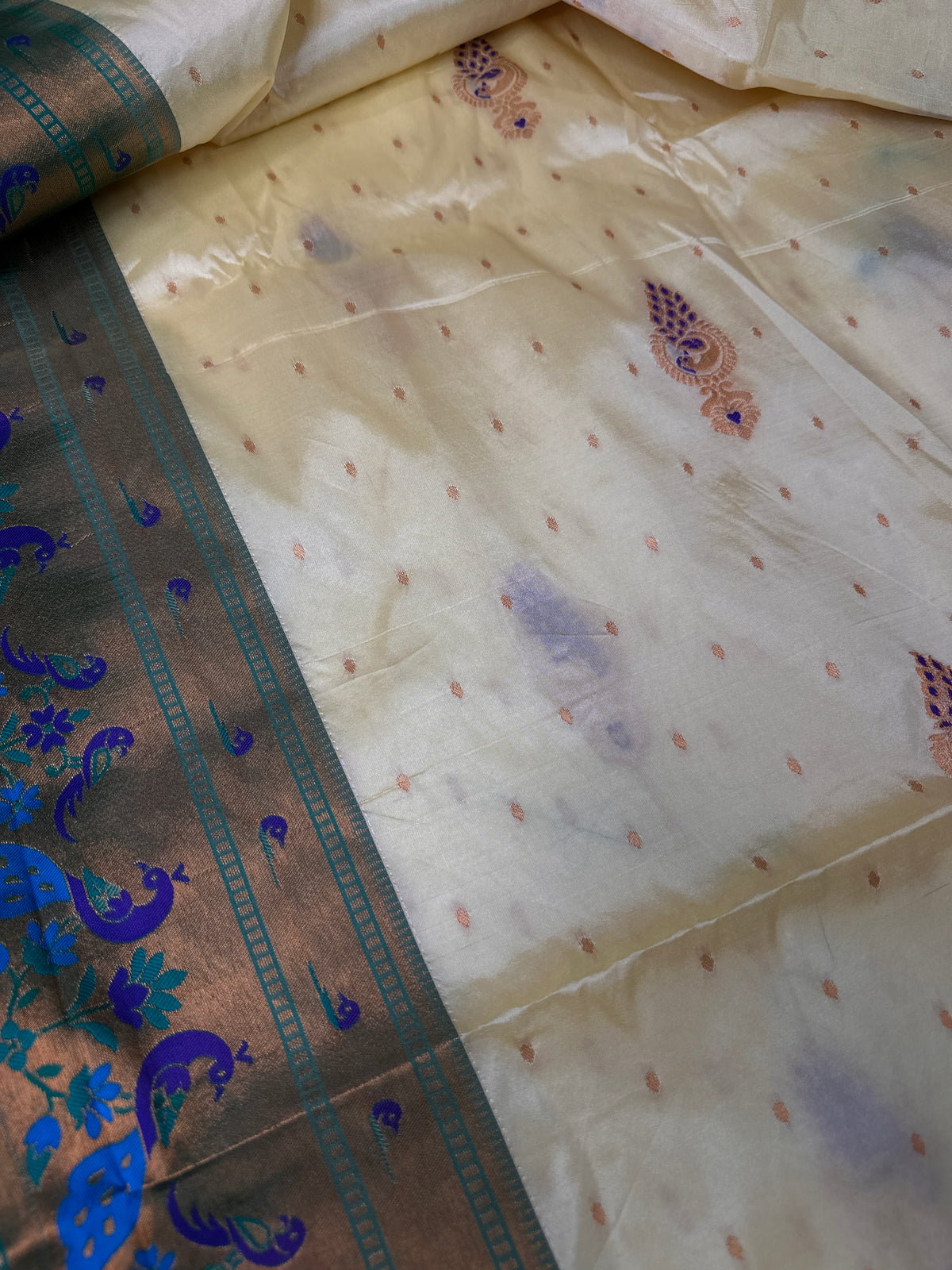 Semi Gadwal Chanderi Silk Paithani Cream Green Saree | SR001125