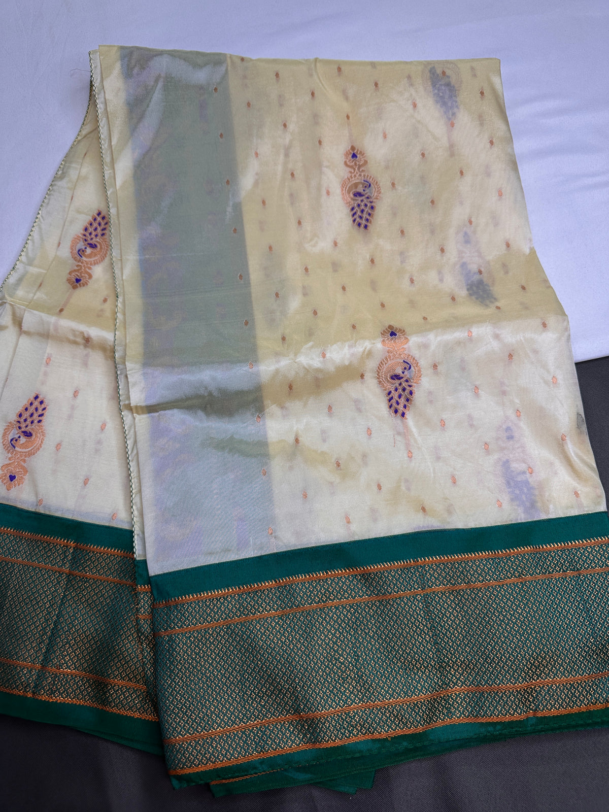 Semi Gadwal Chanderi Silk Paithani Cream Green Saree | SR001125