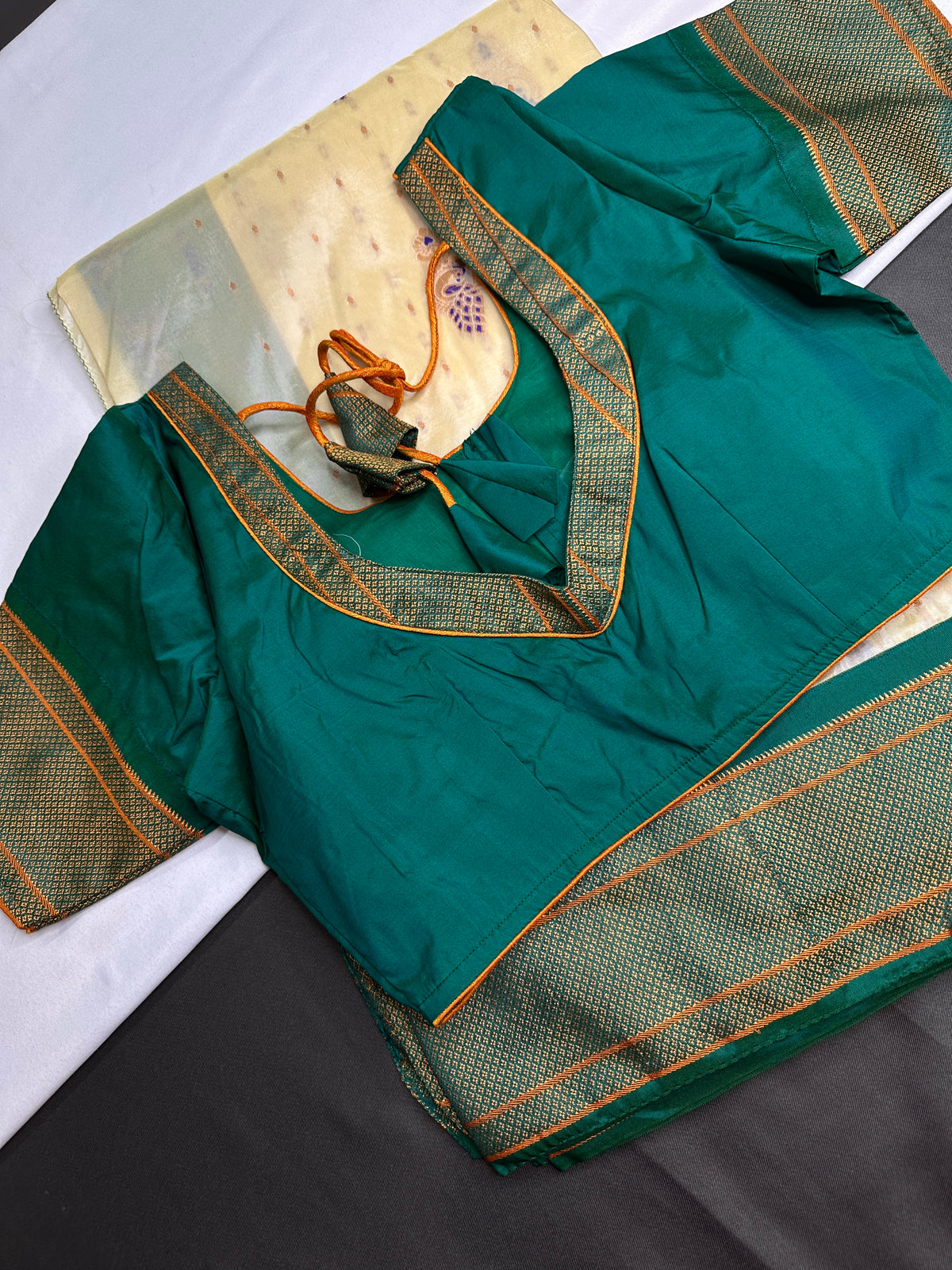 Semi Gadwal Chanderi Silk Paithani Cream Green Saree | SR001125