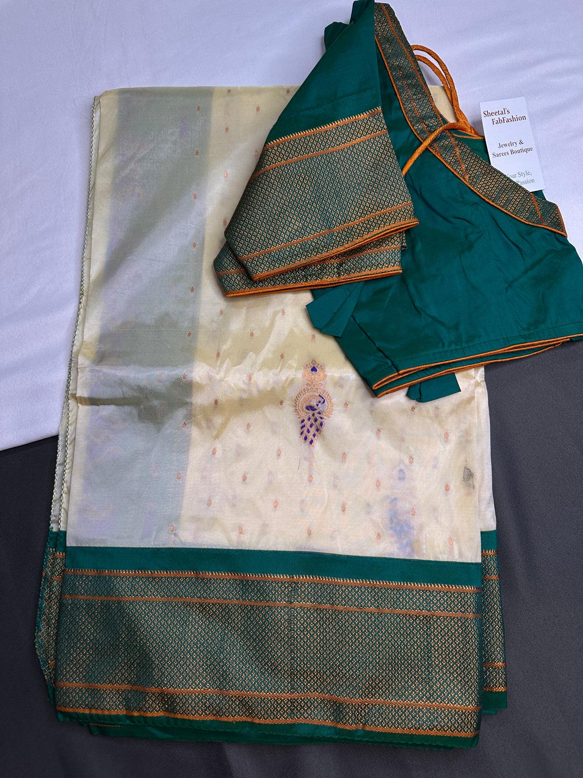 Semi Gadwal Chanderi Silk Paithani Cream Green Saree | SR001125