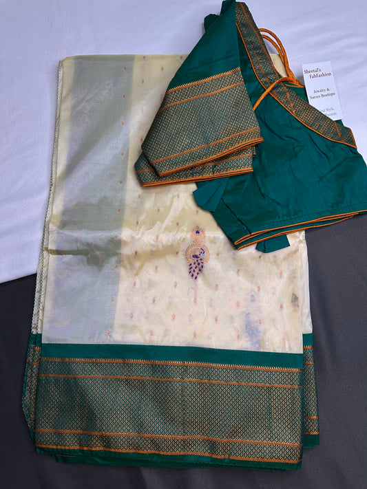 Semi Gadwal Chanderi Silk Paithani Cream Green Saree | SR001125