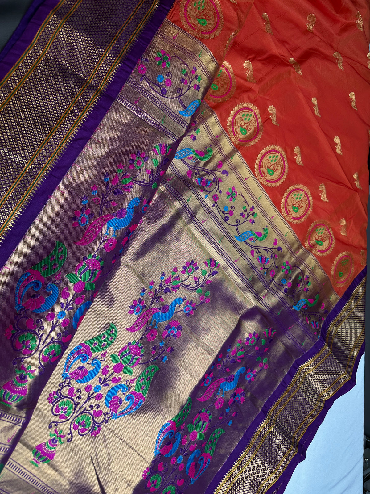 Semi Gadwal Chanderi Silk Paithani Orange Purple Saree | SR001126