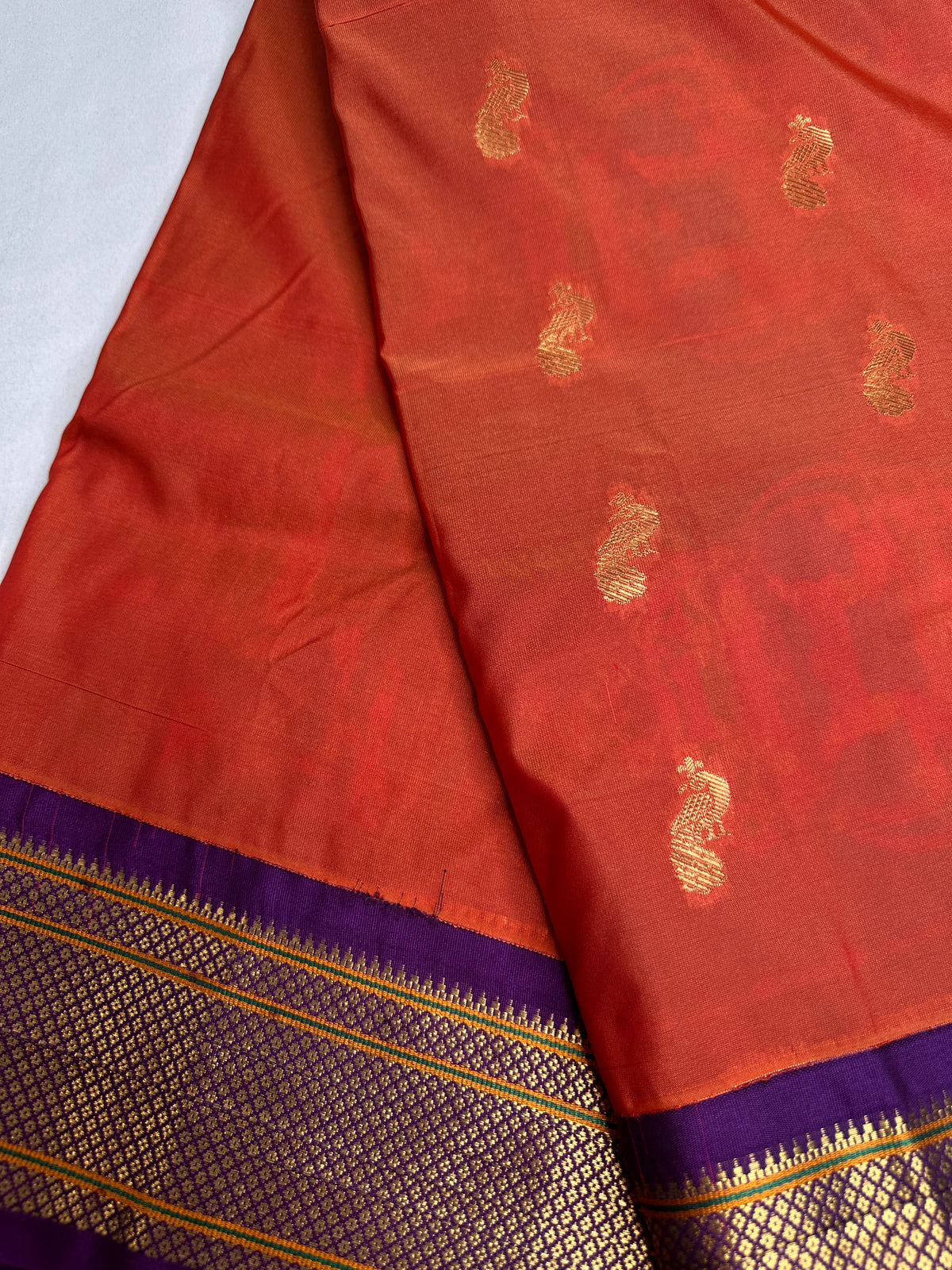 Semi Gadwal Chanderi Silk Paithani Orange Purple Saree | SR001126