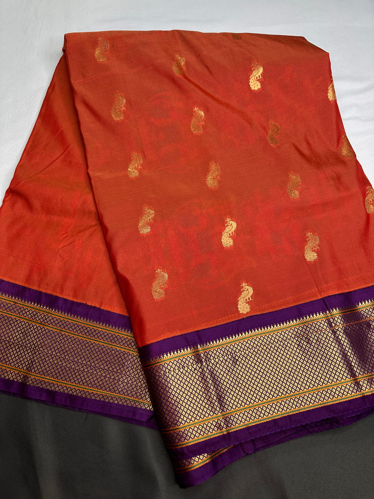 Semi Gadwal Chanderi Silk Paithani Orange Purple Saree | SR001126