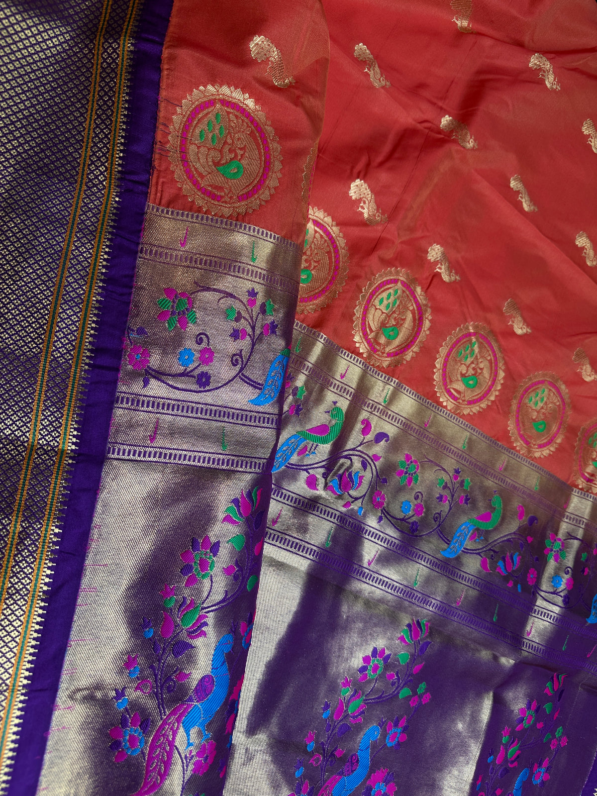 Semi Gadwal Chanderi Silk Paithani Orange Purple Saree | SR001126