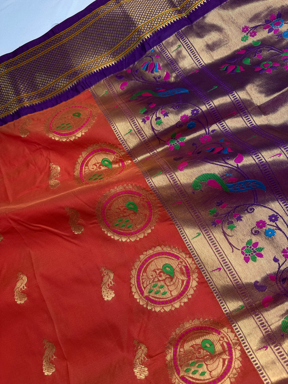 Semi Gadwal Chanderi Silk Paithani Orange Purple Saree | SR001126